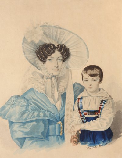 1830年代の息子と一緒のアンナプラトノフナプラウティナ1808-1886の肖像。 作： Carl von Hampeln