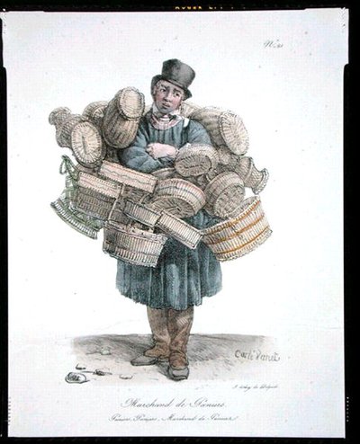 1820年頃に出版された「パリの叫び」シリーズの21番「バスケット売り」（カラーリトグラフ） 作： Carle (after) Vernet