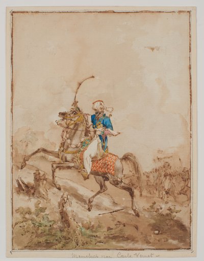 突進する馬に乗ったアラブ人 （水彩、筆、茶色のウォッシュ、ペン、茶インク） 作： Carle Vernet