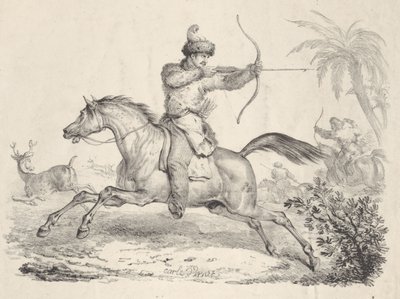 鹿を狩る馬に乗ったコサック、1821～36年。 作： Carle Vernet