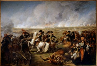 皇帝ナポレオン1世（1769-1821）、1809年7月5日のワグラムの戦いにて。右側には、戦闘中に負傷したジョセフ・マリー・デッセ将軍（1764-1834）を助けた2人の兵士がいる。アントワーヌ・カルル・ヴェルネ（1758-1836）による絵画 作： Carle Vernet