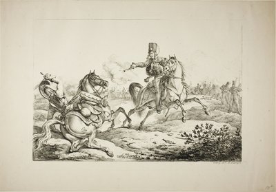 ドイツの竜騎兵にピストルを発射するハッサー 作： Carle Vernet