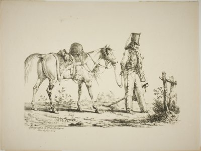 馬の前を歩くユサード、パイプを吸う 作： Carle Vernet