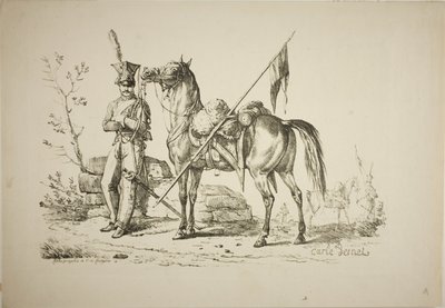 彼の馬の隣を徒歩で歩くランサー 作： Carle Vernet