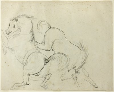 2 頭の馬の Cavorting (直腸); 蹴る馬に乗った男 (裏面) 作： Carle Vernet