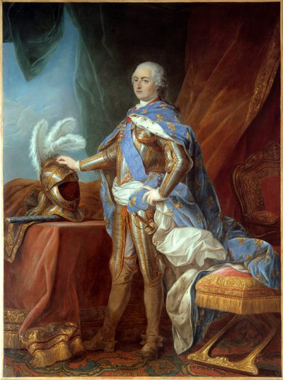 ルイ15世（1710-1774）の足元の肖像、鎧を着て、兜に手を置いている。カルル・ヴァン・ロー（1705-1765）による絵画、油彩・カンヴァス（271 x 193 cm）。 作： Carle van Loo