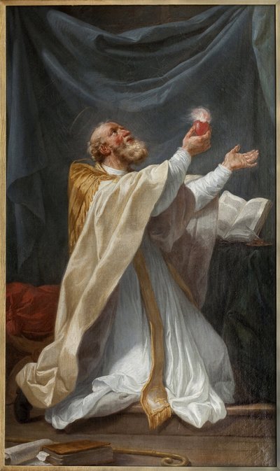 心に火がついて恍惚とする聖アウグスティヌス。Charles Andre Van Loo, dit Carle Vanloo (1705-1765) の絵画、油彩・キャンバス、1750年頃、フランス美術。アンジェの美術館。 作： Carle van Loo