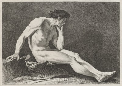 頭を抱えて座っている男性 作： Carle van Loo