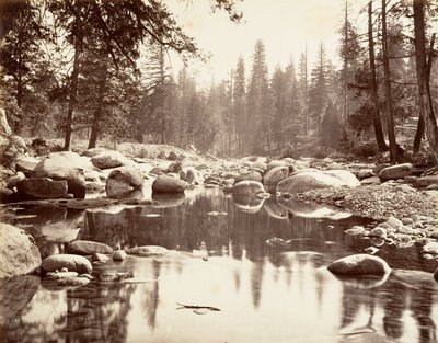 マーセド川、1872年頃、1876年頃に印刷されたもの。 作： Carleton E. Watkins.