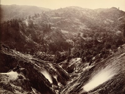 デビルズ キャニオン、間欠泉、見下ろす、1868 ～ 70 年。 作： Carleton Emmons Watkins