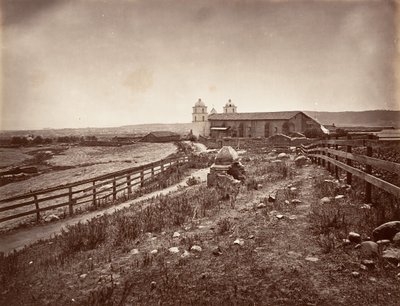 サンタバーバラとミッション教会、1876 年、印刷された ca。 1876年。 作： Carleton Emmons Watkins