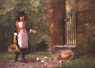 雌鶏に餌を与える少女 作： Carleton Grant