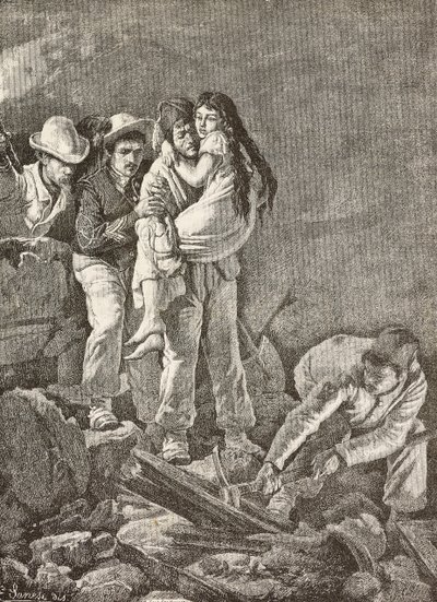 自宅が崩壊した後、少女が救出される、カサミッチョラ地震、イタリア、E Sanesi の絵と Carlo Ademollo (1824-1911) の絵からの彫刻、L