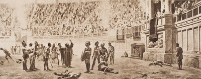 1920年に出版されたHGウェルズの「歴史のあらまし」第2巻による「剣闘士の戦い」を阻止しようとする修道士アルマキウス 作： Carlo Ademollo