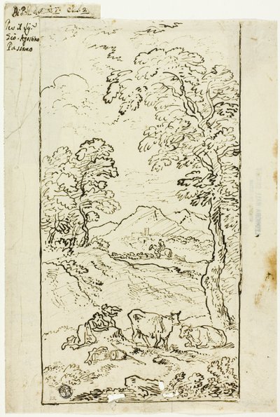 前景に牛と羊飼いのいる丘陵風景 作： Carlo Antonio Tavella