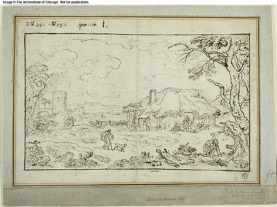 田園地帯の十字路、手前に農家の建物 作： Carlo Antonio Tavella