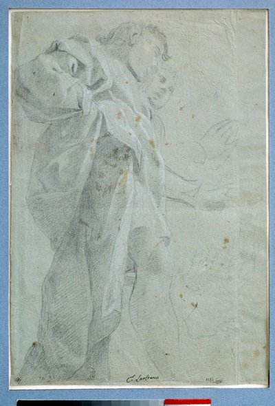 垂れ幕の上に立つ二人の男性 カルロ・ボノーニ（1569-1632）による水墨画 薄さ：0.0.27 x 0.39 m Paris.ルーヴル美術館 作： Carlo Bononi