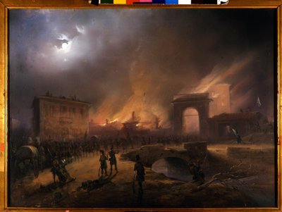 リソルジメント。ミラノの5日間（Cinque giornate di Milano）（1848年3月18日〜22日）：これは1848年の革命（第一次イタリア独立戦争の一部）の最初のエピソードの一つで、ミラノの人々が反乱を起こしたことを示している。 作： Carlo Bossoli