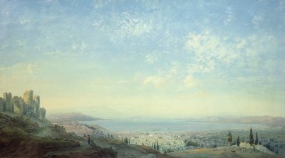 マウントパグスの城塞、チェシメ半島、ボルカイアの庭園、ポカイア海岸のある1839年（リネンのテンペラ）のスミルナ 作： Carlo Bossoli