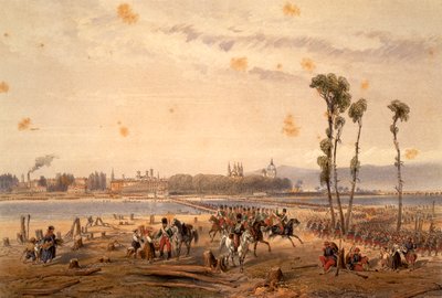 1859 年にヴェルチェッリでセシアを通過するフランス人、Carlo Bossoli (1815-1884) 作、彫刻。 第二次独立戦争、イタリア 作： Carlo Bossoli