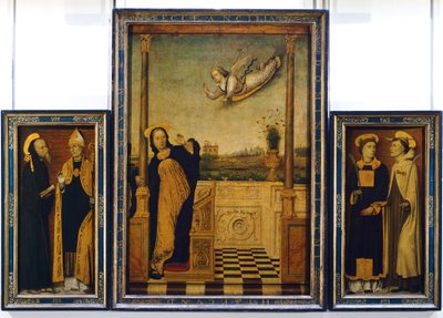 聖ベネディクト、聖アウグスティヌス、聖ステファン、聖アンジェロのいる受胎告知の祭壇画（チャールズ・ブラチェスコ作 作： Carlo Braccesco