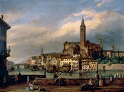 聖アナスタシア教会を背景に、ヴェローナのアディジェ川沿いの景色 作： Carlo Canella