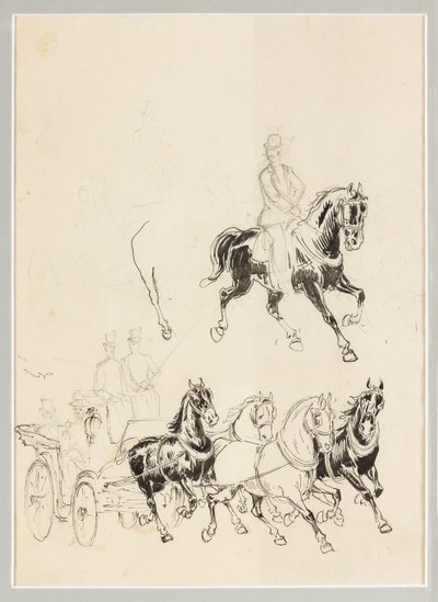 馬車と馬の準備研究（紙に墨と鉛筆画） 作： Carlo Casaltoli