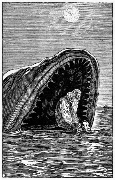 コッローディの作品の最初のイタリア人イラストレーターの 1 人であるカルロ・キオストリ (1863-1939) によるピノキオのイラスト。 木の人形と父親のゼペットは、飲み込んだ巨大なサメの口から泳いで逃げる。 作： Carlo Chiostri
