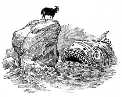 Ilustração de Pinóquio de Carlo Chiostri (1863-1939), um dos primeiros ilustradores italianos da obra de Collodi. O boneco de madeira será engolido por um terrível tubarão, apesar da ajuda do cajado azul que assumiu a aparência de uma cabra empoleirada em  作： Carlo Chiostri