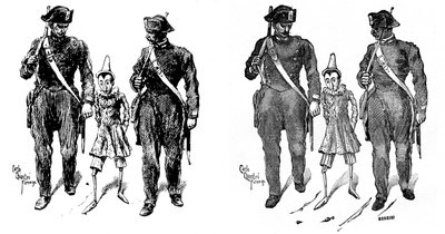コッローディ (カルロ・ロレンツィーニ) の作品の最初のイタリア人イラストレーターの 1 人、カルロ・キオストリ (1863-1939) によるピノキオ。 2 人の憲兵が木製の人形を受け取ります。 左の画像はChiostriの原画、右の画像は彫刻されたcarri 作： Carlo Chiostri