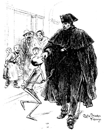コッローディ (カルロ・ロレンツィーニ) の作品の最初のイタリア人イラストレーターの 1 人、カルロ・キオストリ (1863-1939) によるピノキオ。 警官は木製の人形を鼻からつかみ、恋人の大きな喜びを感じます。 Chiostri によるこの原画は c 作： Carlo Chiostri