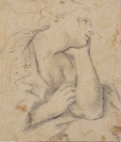 座っている女性が頭を抱えて休んでいます。 バスト画像 作： Carlo Cignani