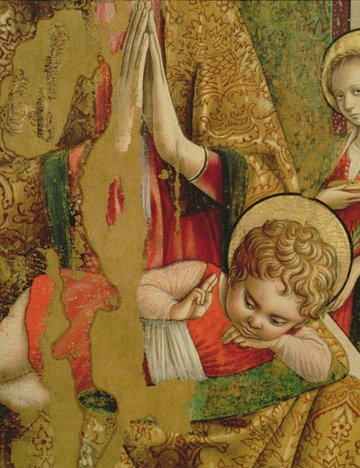 マドンナとチャイルド、キリストの子の詳細、Valle Castellamo temperaの2番目の三連祭壇画の中央パネルの76632のパネルの詳細 作： Carlo Crivelli
