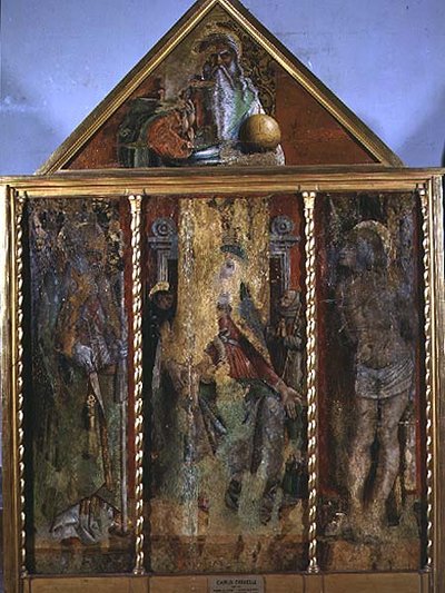 ヴァッレ・カステッラーモの最初のトリプティク「聖人を抱く聖母子」（パネルにテンペラ） 作： Carlo Crivelli