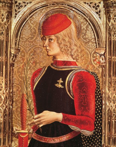 聖ジョージの表現、祭壇画の細部、Carlo Crivelli (およそ 1430-1493 年) による。 聖餐礼拝堂、アスコリ ピチェノ大聖堂、マルケ州。 作： Carlo Crivelli