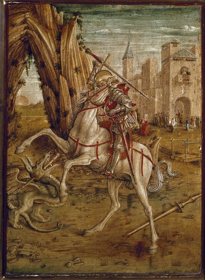 竜を殺す聖ゲオルギウス（パラ・オドーニのプレデル） - 木にテンペラ、1490年以降 作： Carlo Crivelli