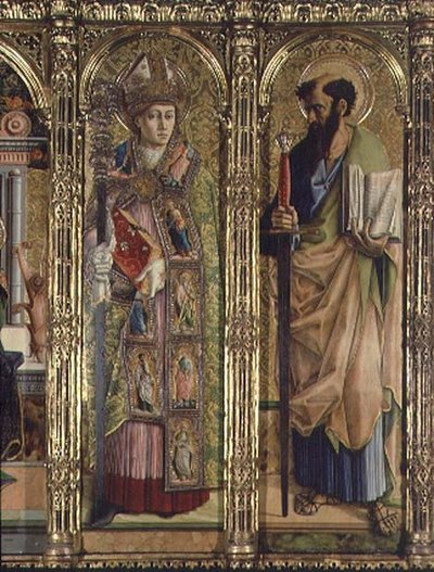 聖エミディウスと聖パウロ、サンテミディオのポリプティクからのディテール 作： Carlo Crivelli