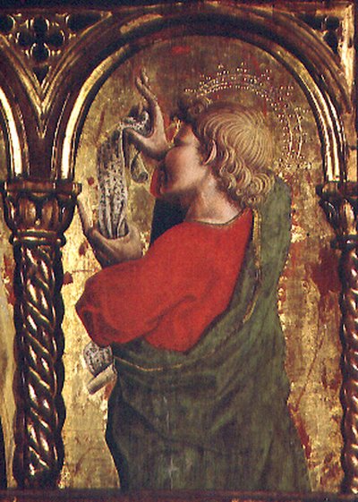聖ヨハネ福音書記者、サンテミディオのポリプティックの細部 作： Carlo Crivelli