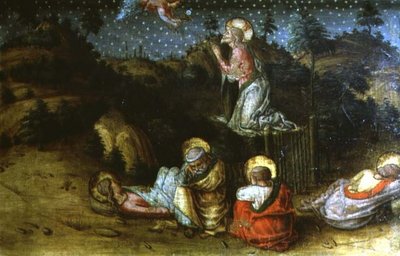 サン・シルベストロのポリプティックからの左手のプレデラパネル「庭園の苦悩 作： Carlo Crivelli