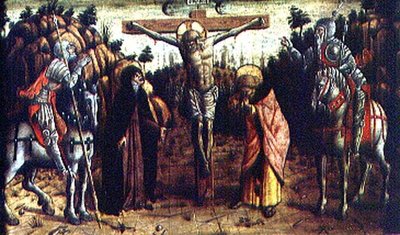 サン・シルベストロ・ポリプティックの左手中央のプレデラ・パネルの「磔刑 作： Carlo Crivelli