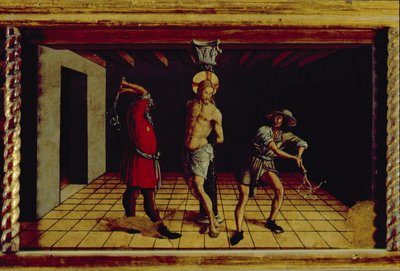 キリストの鞭打ち、サンシルヴェストロポリプティクの中央右手プレデラパネル、1468（パネル上のテンペラ）（76657を参照） 作： Carlo Crivelli
