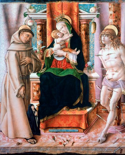 聖人のフランシスとセバスチャンとの聖母子、1491 作： Carlo Crivelli