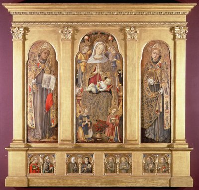 聖母子と聖人ボナベンチュラとトゥールーズのルイ、c.1489（パネルに金と油の釉薬が施されたテンペラ） 作： Carlo Crivelli