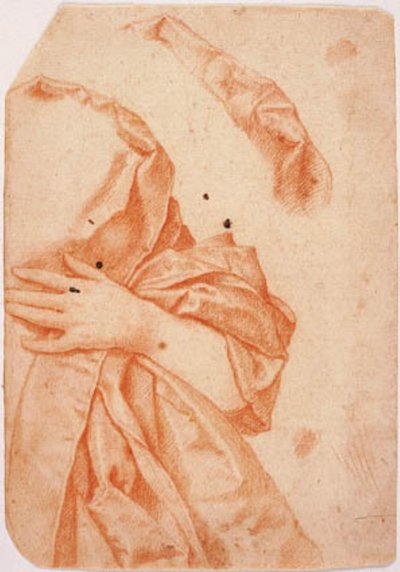 女性の半身像の左半分のドレープ スタディと首周りのドレープの繰り返し 作： Carlo Dolci