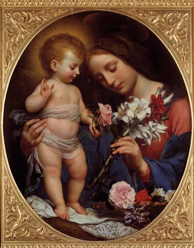 ユリを抱く聖母像 カルロ・ドルチ（1616-1686）の絵画 1642年 日0,79x0,65 m モンペリエ、ファーブル美術館 作： Carlo Dolci
