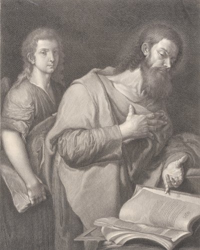 聖マタイ、胸に手を当てて右側の本の前に立っている、もう一人の男は...、1750-84 作： Carlo Faucci