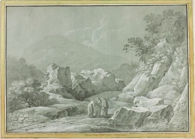 荒野で女性と子供に水を与える 2 人の修道士 作： Carlo Labruzzi