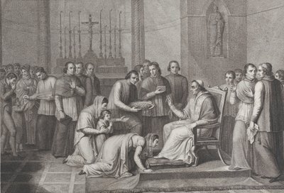 教皇ピウス 7 世の足にひざまずいてキスをする女性、1814～50 年 作： Carlo Lasinio