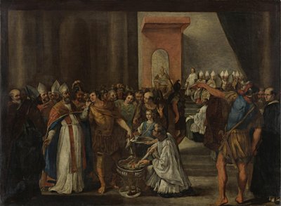 コンスタンティヌス帝がアリウス派の本を燃やしている、1640 年代 作： Carlo Magnone