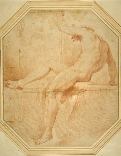 座ったまま背を向け、左手で杖を握るヌード（白紙に赤チョーク 作： Carlo Maratti